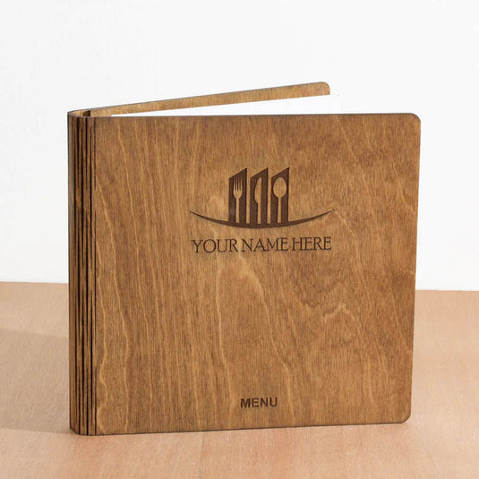 20 x Personalised Wood Menus 20x20cm Walnut Custom Wood Designs __label: Multibuy walnutmenubook20x20cmcustomwooddesignshospitality