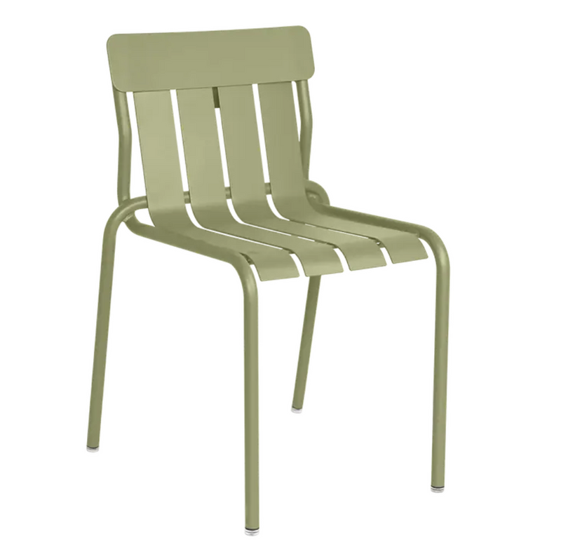 Load image into Gallery viewer, Willow green Fermob stackable metal outdoor dining chair with slatted seat and backrest, suitable for patio or hospitality settings.