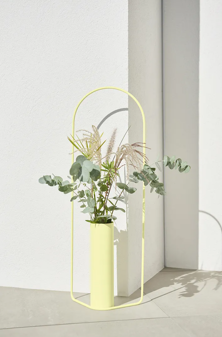 Fermob Itac cylindrical vase, 76cm tall, in frosted glass with matching accessories, showcasing modern design and elegant form.