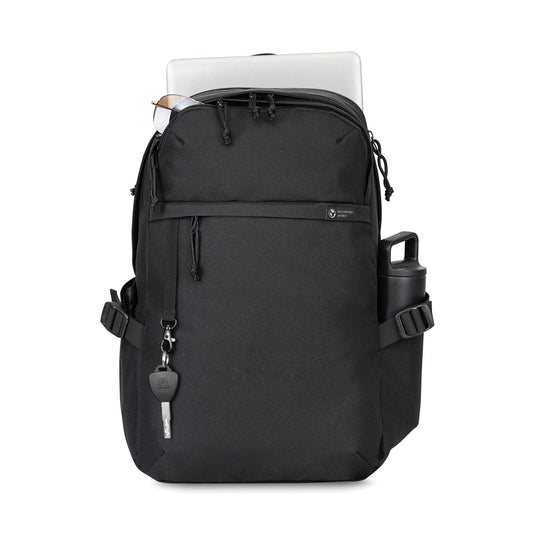 XD Collection Renew AWARE™ rPET 15-inch laptop backpack, black bag with multiple compartments and padded shoulder straps.