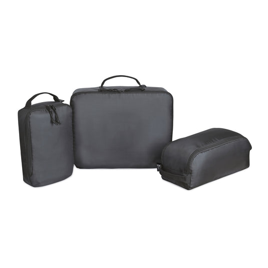 Renew AWARE™ rPET 3-piece packing cube set by XD Collection, lightweight fabric with multiple compartments for organized travel storage.