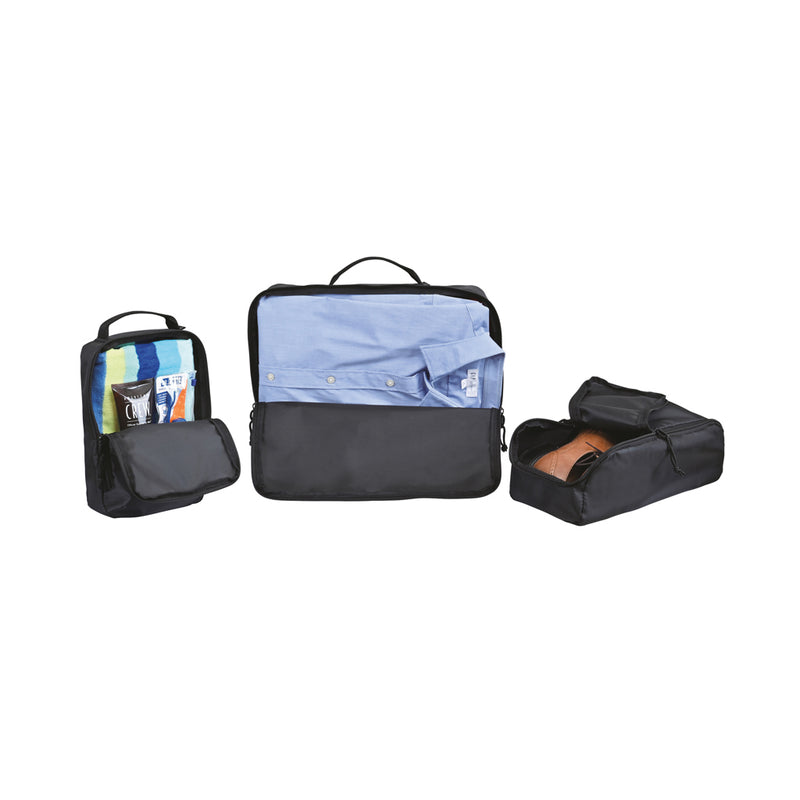 Load image into Gallery viewer, XD Collection Renew AWARE™ rPET 3-piece packing cube set for travel, showing organized fabric cubes in various sizes.
