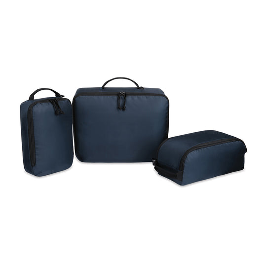 XD Collection Renew AWARE™ rPET 3-piece packing cube set in various sizes, designed for organized travel storage.