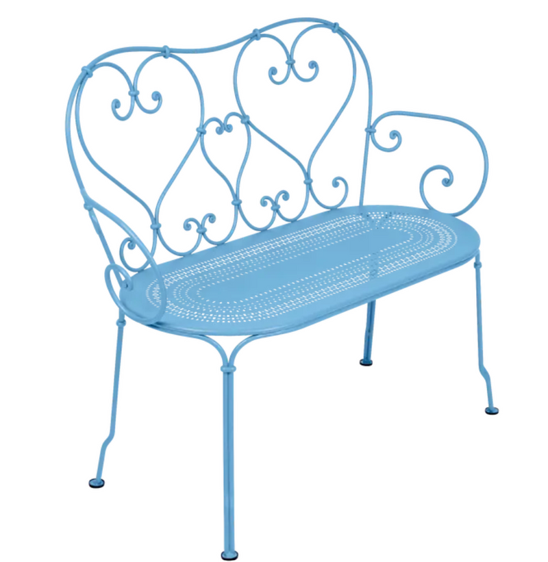 Load image into Gallery viewer, Fermob 1900 decorative bench with Maya Blue finish, featuring a sleek, modern design suitable for indoor or outdoor use.
