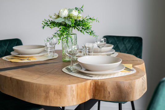 Rustic Solid Oak Round Dining Table – Crossframe Steel Base - Custom Wood Designs