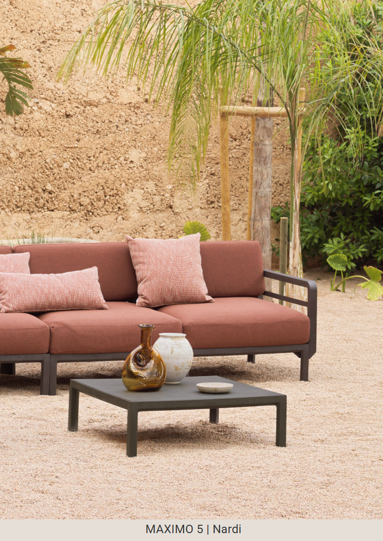 Load image into Gallery viewer, Maximo 5 modular outdoor sofa by Custom Wood Designs, showing a stylish outdoor seating system on a hotel terrace.
