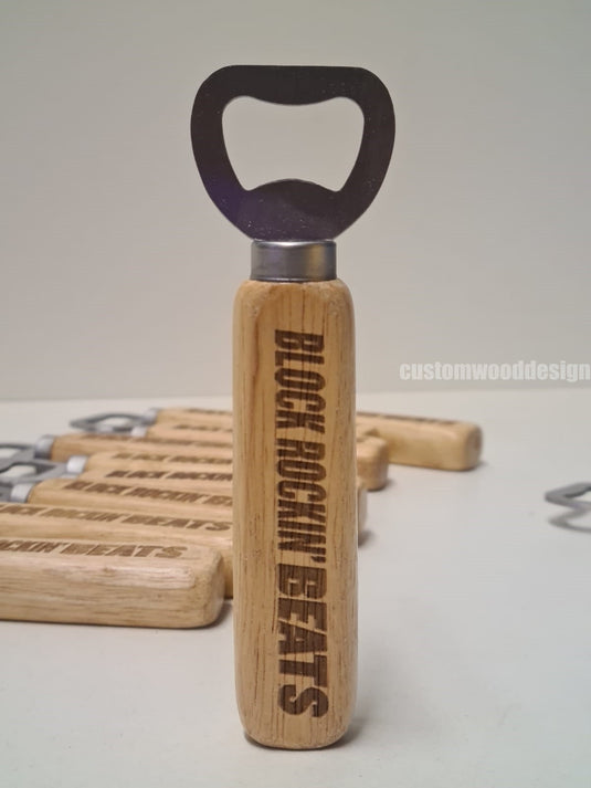 50 x Bottle opener w/wooden handle Custom Wood Designs __label: Multibuy 50-x-branded-50-x-bottle-opener-w-wooden-handle-53612764692823
