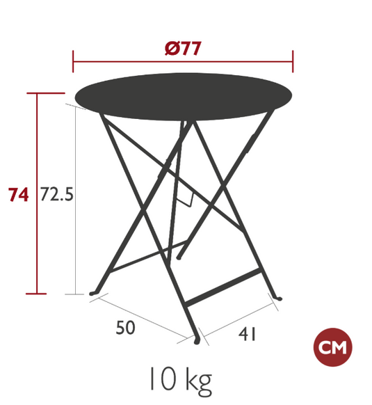 Fermob Bistro Round Folding Table with 77cm diameter, metal outdoor table for terrace or patio use.