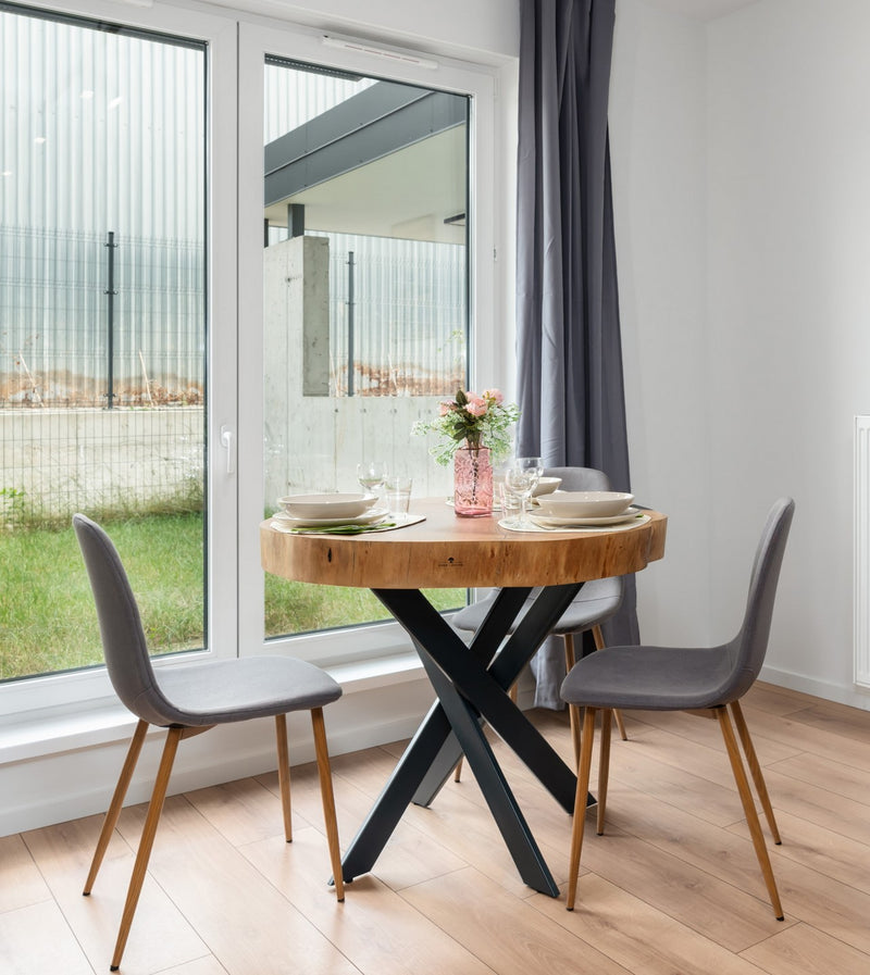 Load image into Gallery viewer, Rustic Solid Oak Round Dining Table – Crossframe Steel Base - Custom Wood Designs
