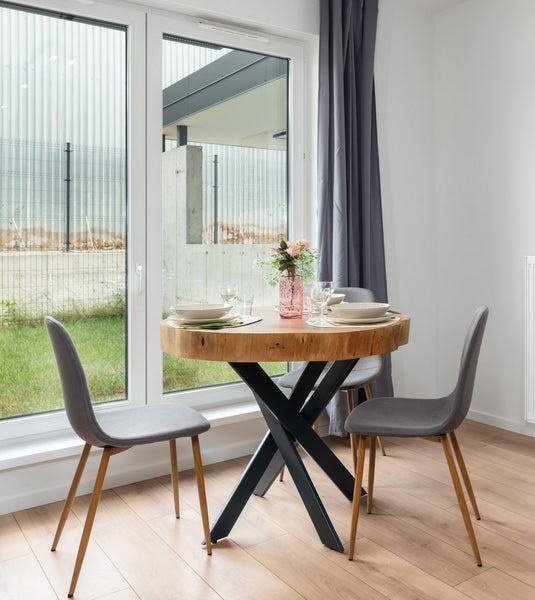 Rustic Solid Oak Round Dining Table – Crossframe Steel Base - Custom Wood Designs