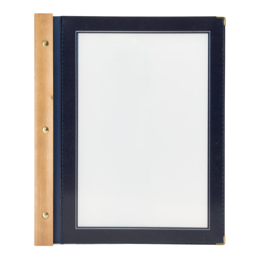 Set of ten Securit wood menu holders in blue, measuring 32.2x26.6x2cm, ideal for displaying menus professionally.