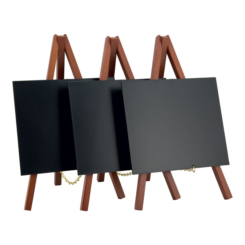Load image into Gallery viewer, Securit Table Chalkboard Set - Mini Easel Mahogany (10 Sets of 3) - 30 Easels + White Markers
