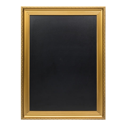 Securit Gold Wall Chalkboard measuring 97x73x5cm with a sleek gold frame, ideal for writing notes or displays.