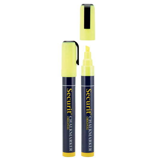 Set of 18 yellow Securit chalkmarkers with blister packaging, measuring 14.5x1.5x2cm, ideal for chalkboard writing.
