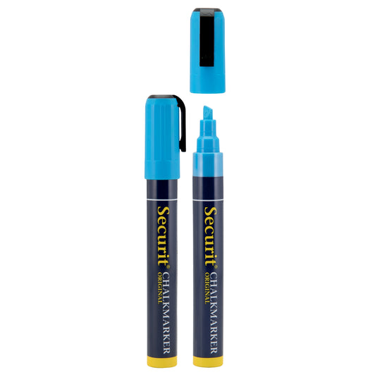 Set of 18 Securit blue chalkmarkers with 14.5x1.5x2cm size, perfect for chalkboard writing and creative projects.