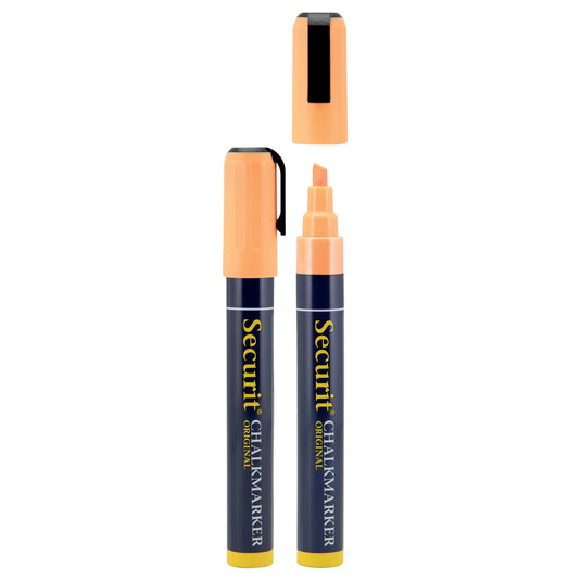 Set of 18 orange Securit chalkmarkers in blister pack, 14.5x1.5x2cm, for writing on chalkboards and windows.