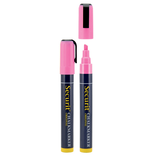 Securit pink chalkmarkers pack of 18 with 14.5x1.5x2cm size for chalkboard and glass surface writing.