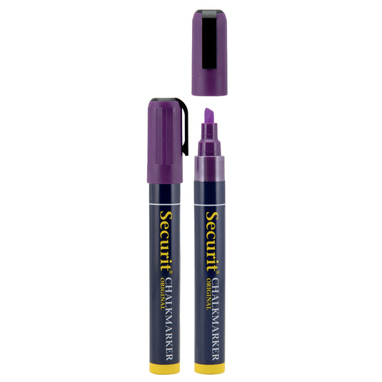 Securit chalkmarkers blister pack with 18 violet chalk markers, 14.5x1.5x2cm, for writing on chalkboards and glass surfaces.