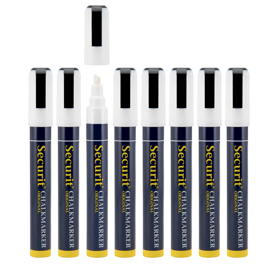 Pack of 12 Securit white chalkmarkers with 14.5x1.5x2cm size, ideal for chalkboard writing and art projects.