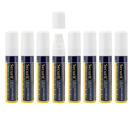 Set of six Securit white chalkmarkers in a wallet, each measuring 15.5x2.7x2.7cm, for chalkboard and glass writing.