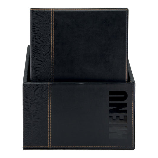 Black Securit menu holders in a trendy box design, measuring 35.2x27.9x19.7cm, shown in a pack of two.