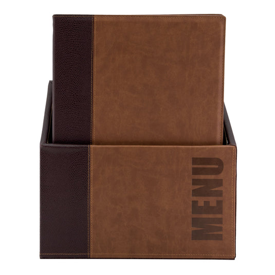 Securit brown menu holders in a pack of 2, trendy box design, measuring 35.2x27.9x19.7cm, suitable for restaurant menus.