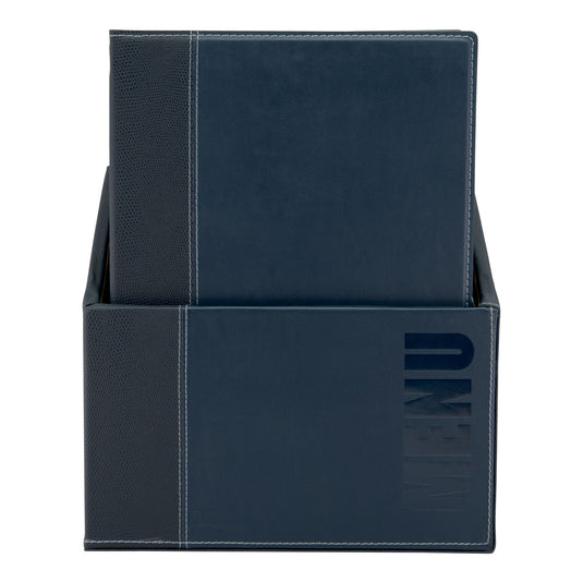 Two blue Securit menu holders with box design, measuring 35.2x27.9x19.7cm, shown in a pack of two.