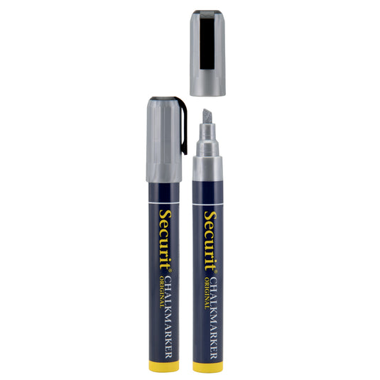 Securit silver chalkmarkers in blister pack of 18, 14.5x1.5x2cm, ideal for chalkboard and glass writing.