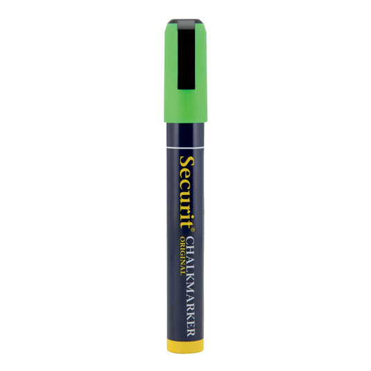 Set of 12 Securit green chalkmarkers with loose tips, 14.5x1.5x2cm, suitable for chalkboard writing and artistic projects.