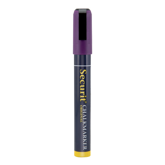 Set of 12 Securit violet chalkmarkers with loose chalk markers measuring 14.5x1.5x2cm, ideal for chalkboard writing.