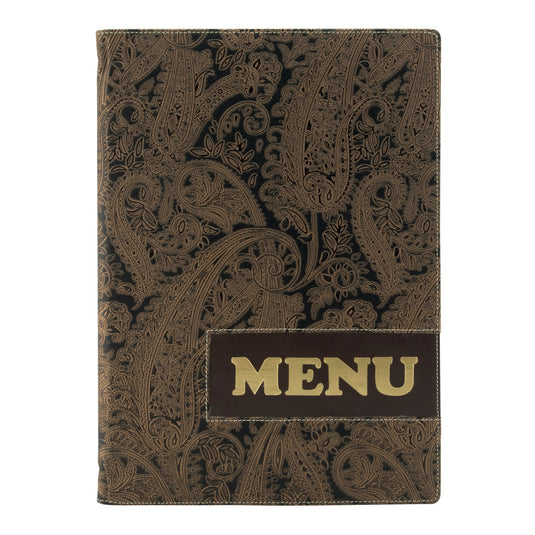 Set of 10 Securit Paisley design menu holders, 34x24.5cm, clear plastic with decorative paisley pattern for restaurant menus.