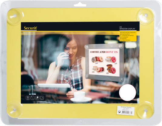Set of six yellow Securit posterframes for windows, 52.3x39.8cm, 0.2cm thick, ideal for displaying posters in windows.