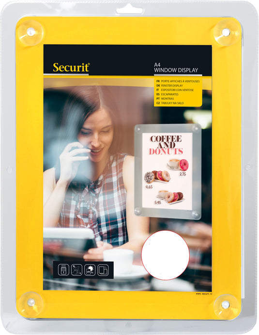 Set of six yellow Securit posterframes for windows, 36x27 cm with 1x0.2 cm thickness, suitable for displaying posters.