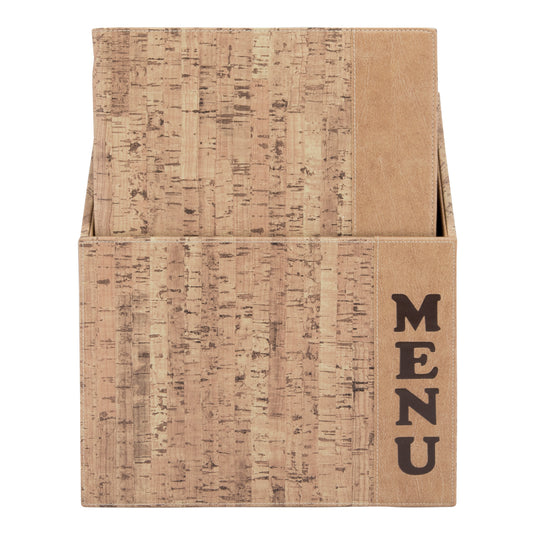 Pair of Securit cork menu holders with box design, measuring 35.2x27x14.6cm, shown with menus inside for display.