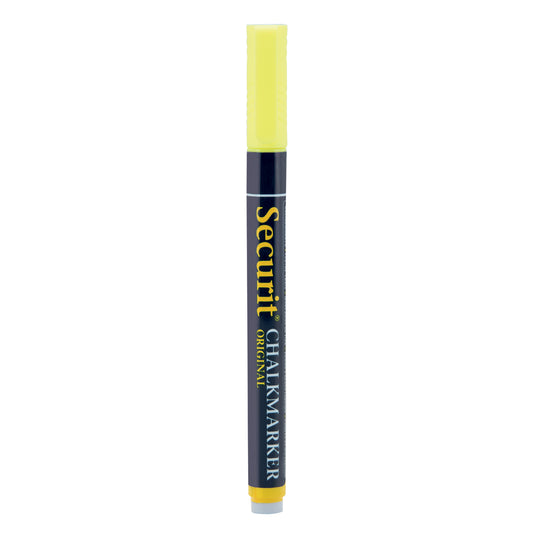 Set of 12 yellow Securit chalkmarkers, loose 14x1x1.5cm, ideal for chalkboard writing and drawing.