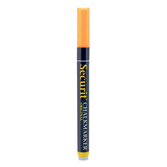 Pack of 12 Securit chalkmarkers in orange, loose chalk markers measuring 14x1x1.5cm, ideal for writing on chalkboards.