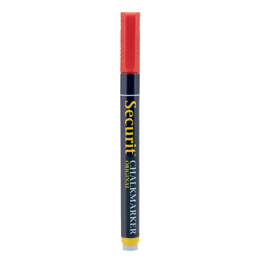 Set of 12 Securit chalkmarkers in red, loose chalk markers measuring 14x1x1.5cm, ideal for writing on chalkboards.