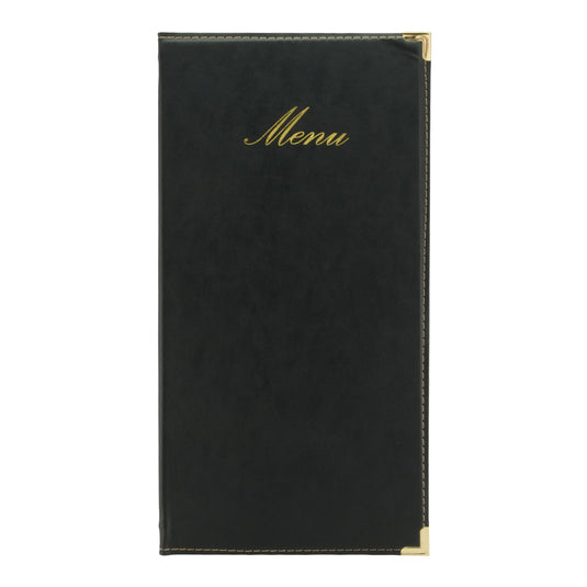 Set of 10 black Securit menu holders, classic style, 35x18.4x1cm, designed to hold and display menus professionally.