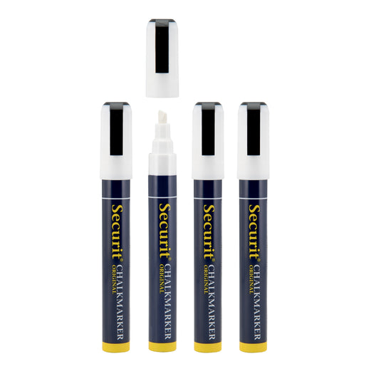 Set of 12 Securit white chalkmarkers in a compact wallet, 14.5x1.5x2cm, ideal for chalkboard and craft projects.
