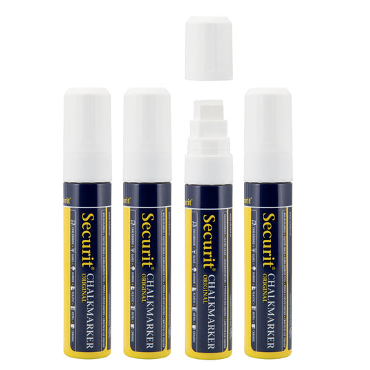Securit Chalkmarkers in white, pack of 12, wallet-sized 15.5x2.7x2.7cm, for writing on chalkboards and surfaces