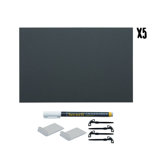 Set of five Securit black table chalkboards with accessories tags, measuring 29.7x21cm, ideal for labeling and organizing.