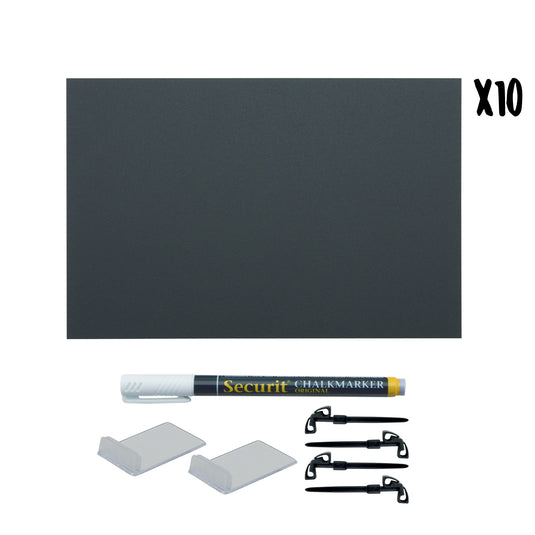 Set of five Securit black table chalkboards with accessories tags, measuring 21x14.8x0.1cm, for labeling and organization.