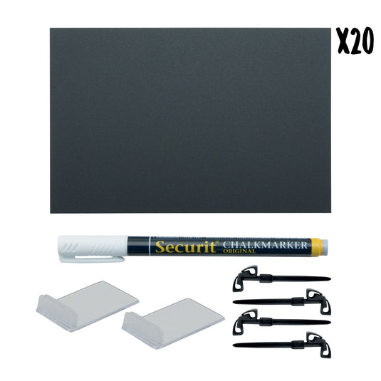 Securit Price Tag Set - A6 Black Chalkboard Tags (100) + Clip Holders (36) + White Markers