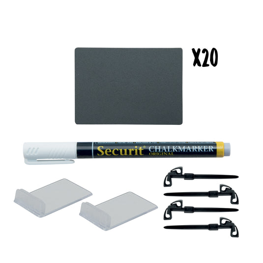 Set of 5 black Securit table chalkboard accessories tags, 7.4x5.2cm, for labeling or organizing items.