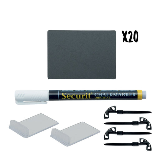 Securit Price Tag Set - A8 Black Chalkboard Tags (100) + Clip Holders (36) + White Markers