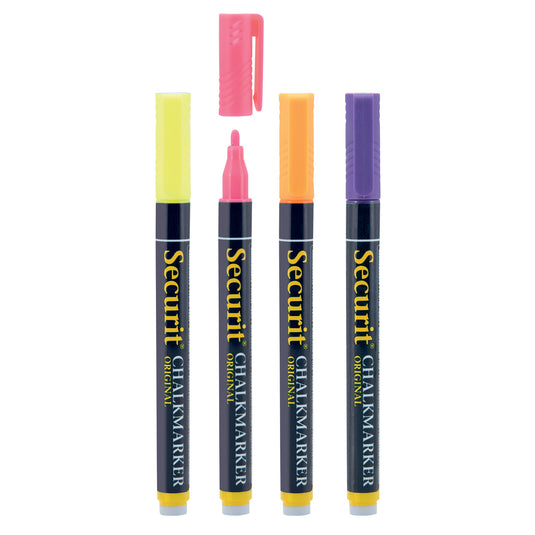 Set of 12 Securit chalkmarkers in assorted colors, 14x1x1.5cm, perfect for chalkboard writing and creative projects.