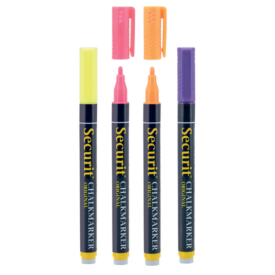 Assorted Securit chalkmarkers in tropical colors, 14x1x1.5cm, pack of 12, for chalkboard and display writing.