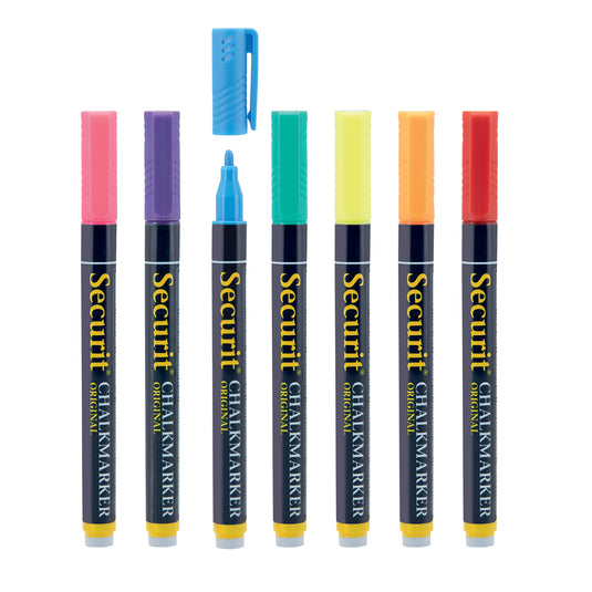 Set of 12 Securit chalkmarkers in assorted primary colors, 14x1x1.5cm, perfect for chalkboard writing or display.