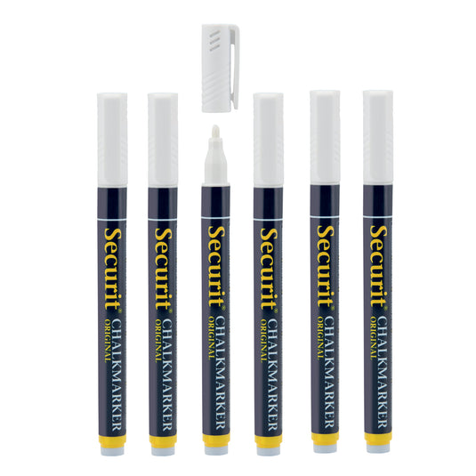 Set of 12 Securit white chalkmarkers in blister pack, 14x1x1.5cm, for chalkboard or window writing.