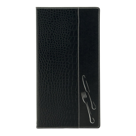 Set of 10 black Securit menu holders, 35x19x1.5cm, designed for displaying menus in restaurants or cafes.